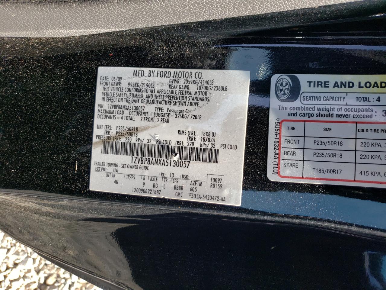 2010 Ford Mustang VIN: 1ZVBP8ANXA5130057 Lot: 72076175