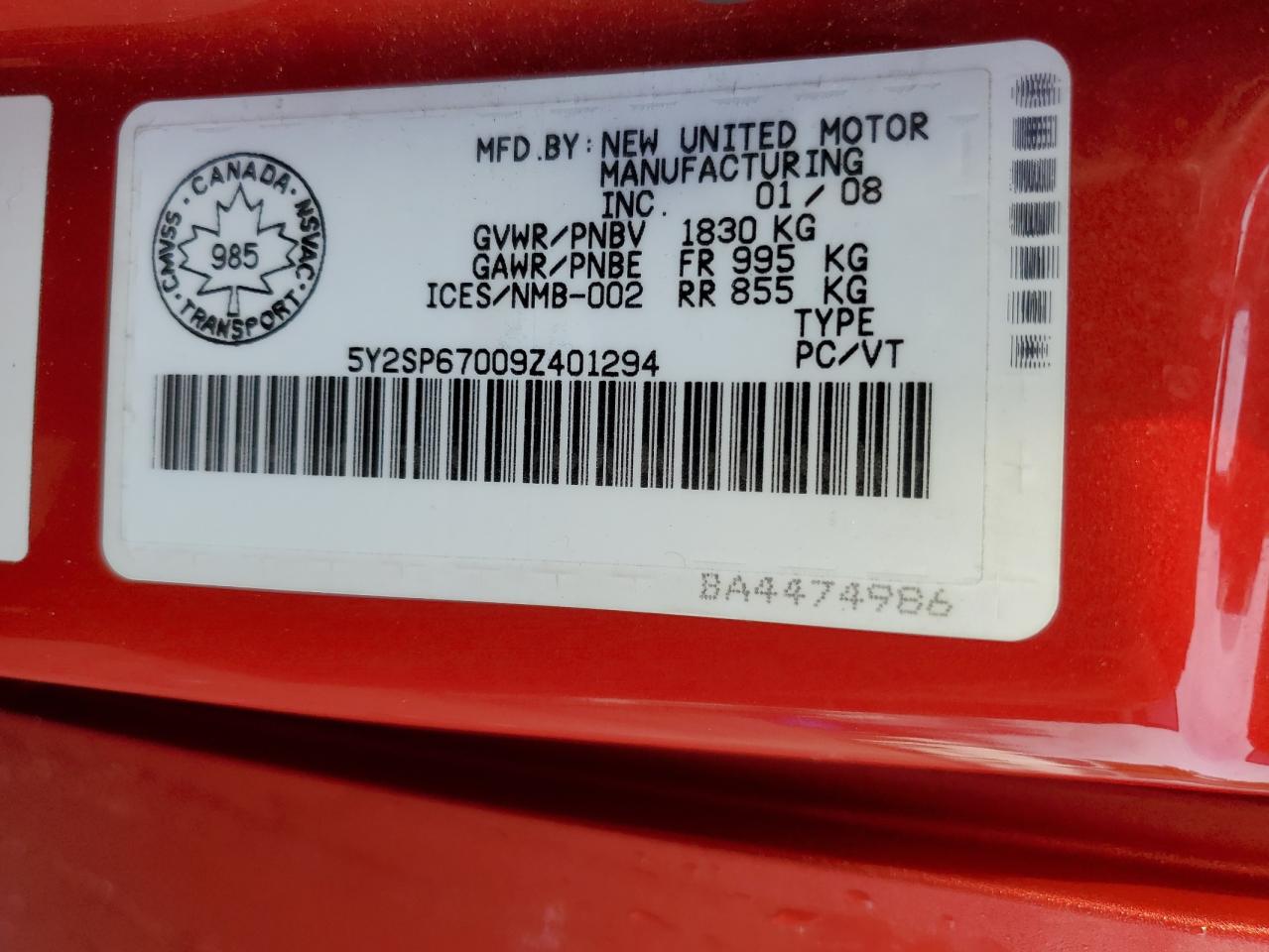 2009 Pontiac Vibe VIN: 5Y2SP67009Z401294 Lot: 80349655