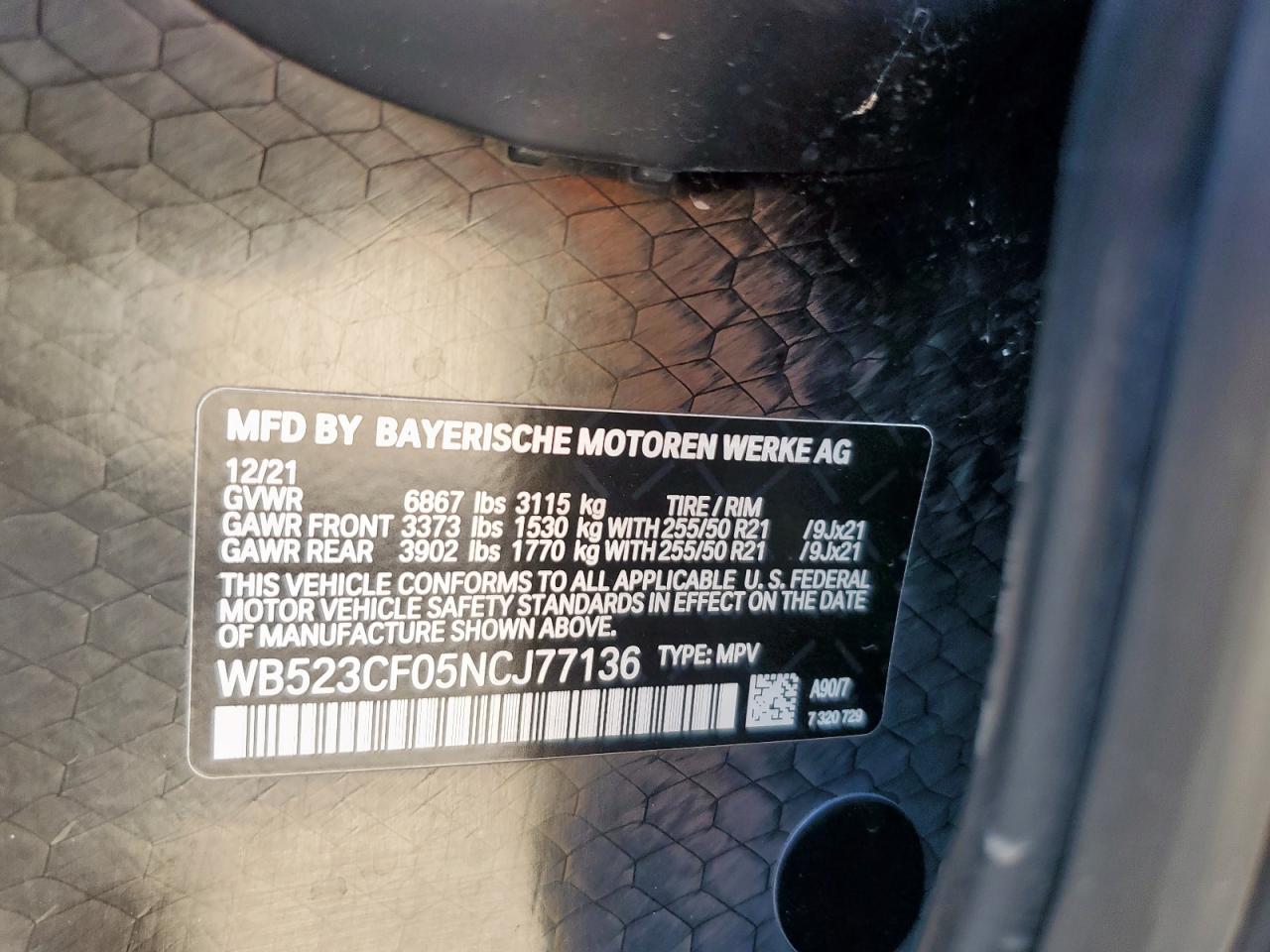 2022 BMW Ix xDrive50 VIN: WB523CF05NCJ77136 Lot: 84242165