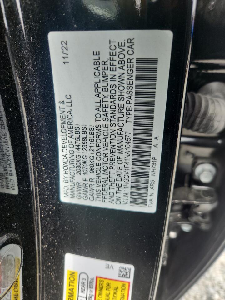 2022 Honda Accord Sport Se VIN: 1HGCV1F41NA104577 Lot: 81434645