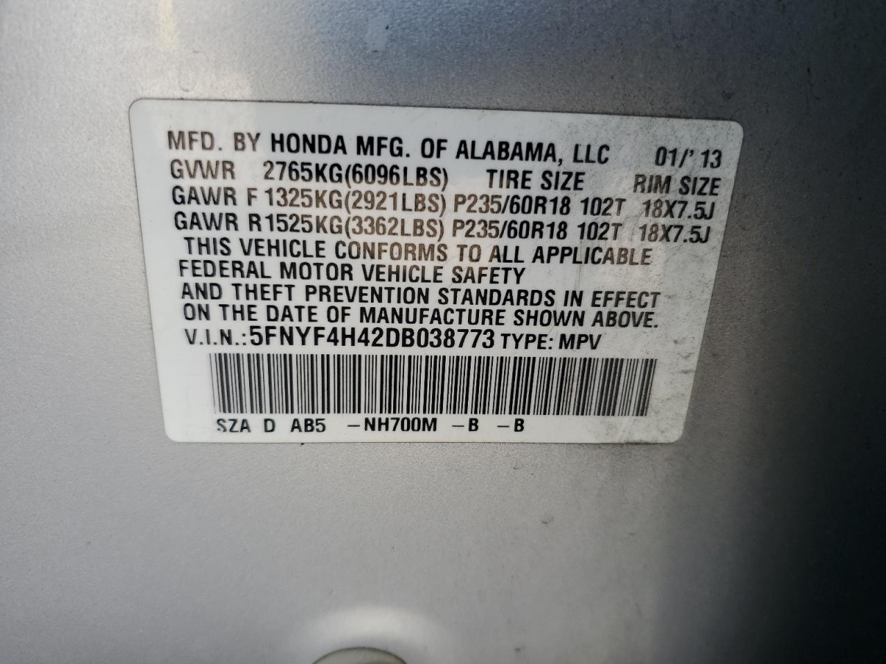 2013 Honda Pilot Ex VIN: 5FNYF4H42DB038773 Lot: 80908795