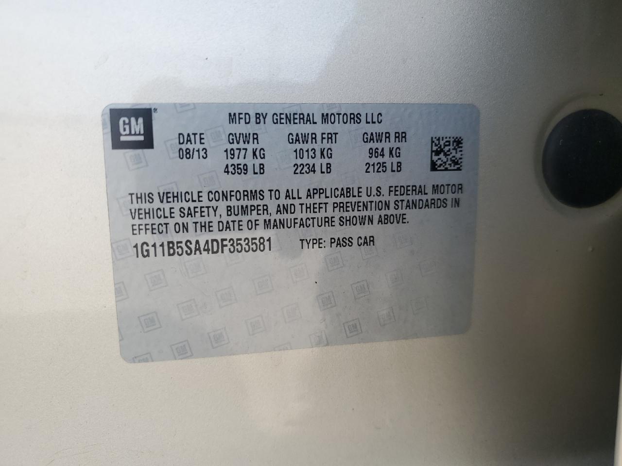 2013 Chevrolet Malibu Ls VIN: 1G11B5SA4DF353581 Lot: 80372705