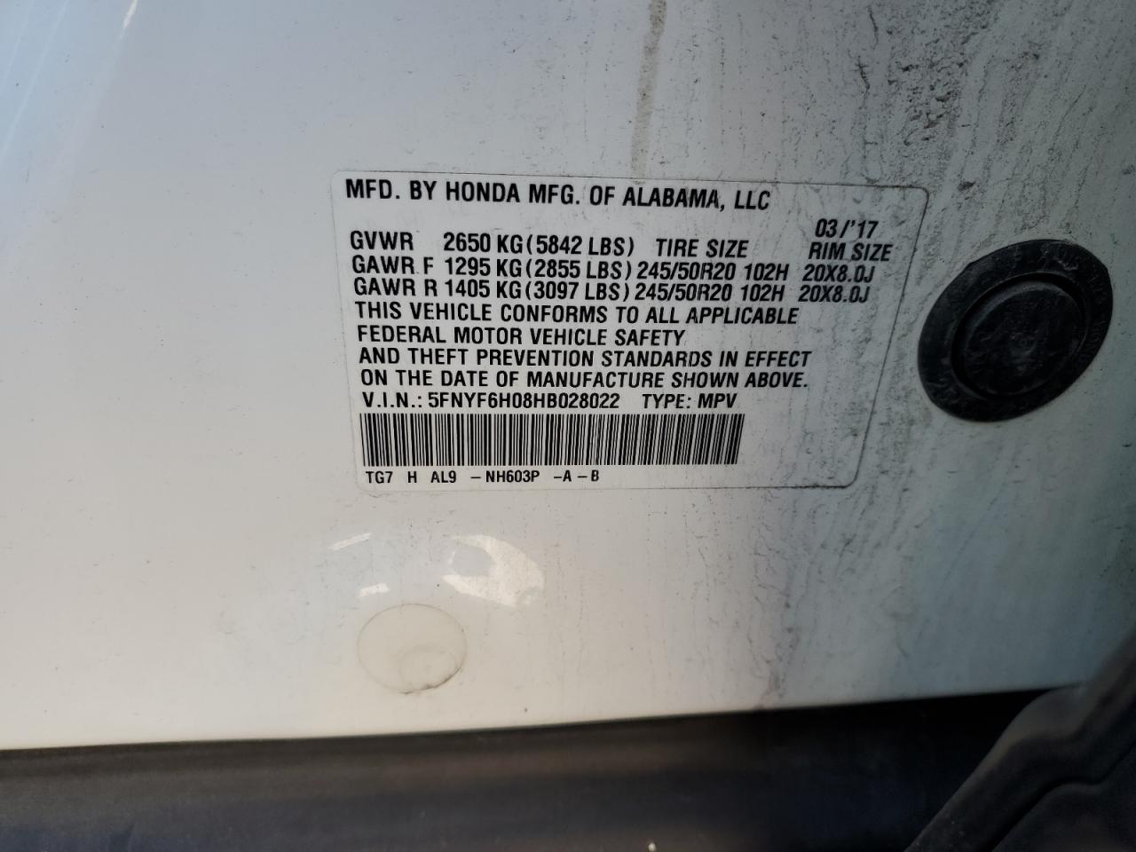 2017 Honda Pilot Elite VIN: 5FNYF6H08HB028022 Lot: 84253805