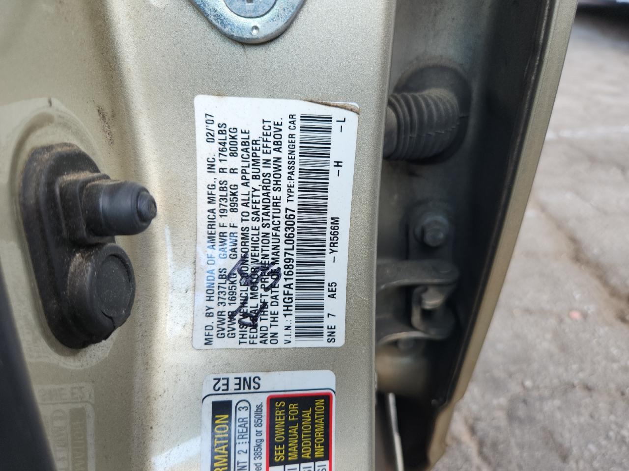 2007 Honda Civic Ex VIN: 1HGFA16897L063067 Lot: 81441925