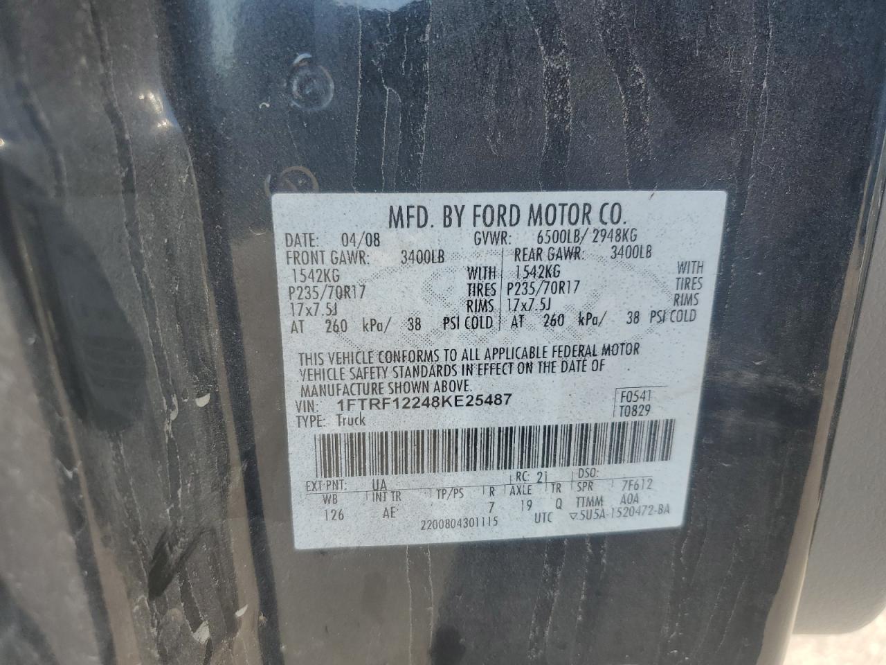 2008 Ford F150 VIN: 1FTRF12248KE25487 Lot: 82078105