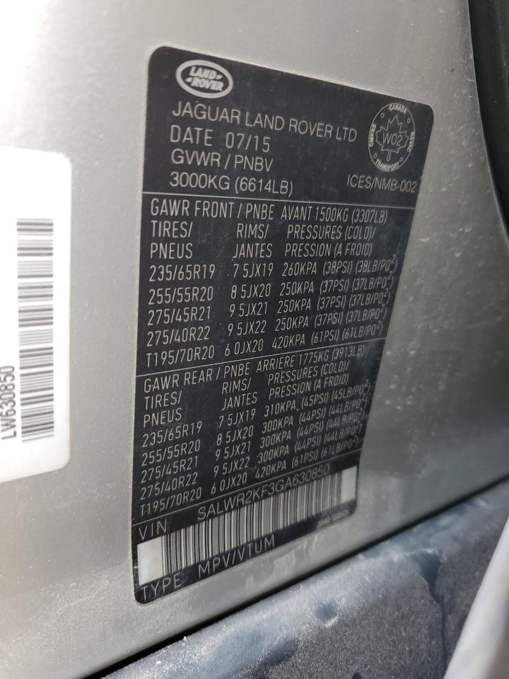 2016 Land Rover Range Rover Sport Hse VIN: SALWR2KF3GA630850 Lot: 81124765