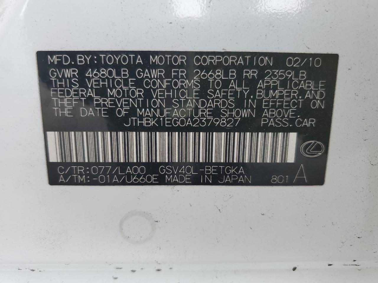 2010 Lexus Es 350 VIN: JTHBK1EG0A2379827 Lot: 80035535