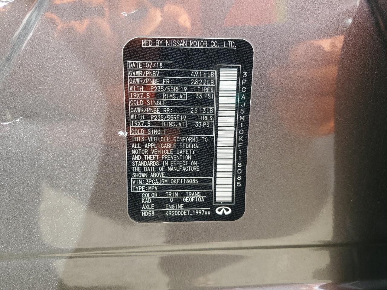 2019 Infiniti Qx50 Essential VIN: 3PCAJ5M10KF118085 Lot: 71322605