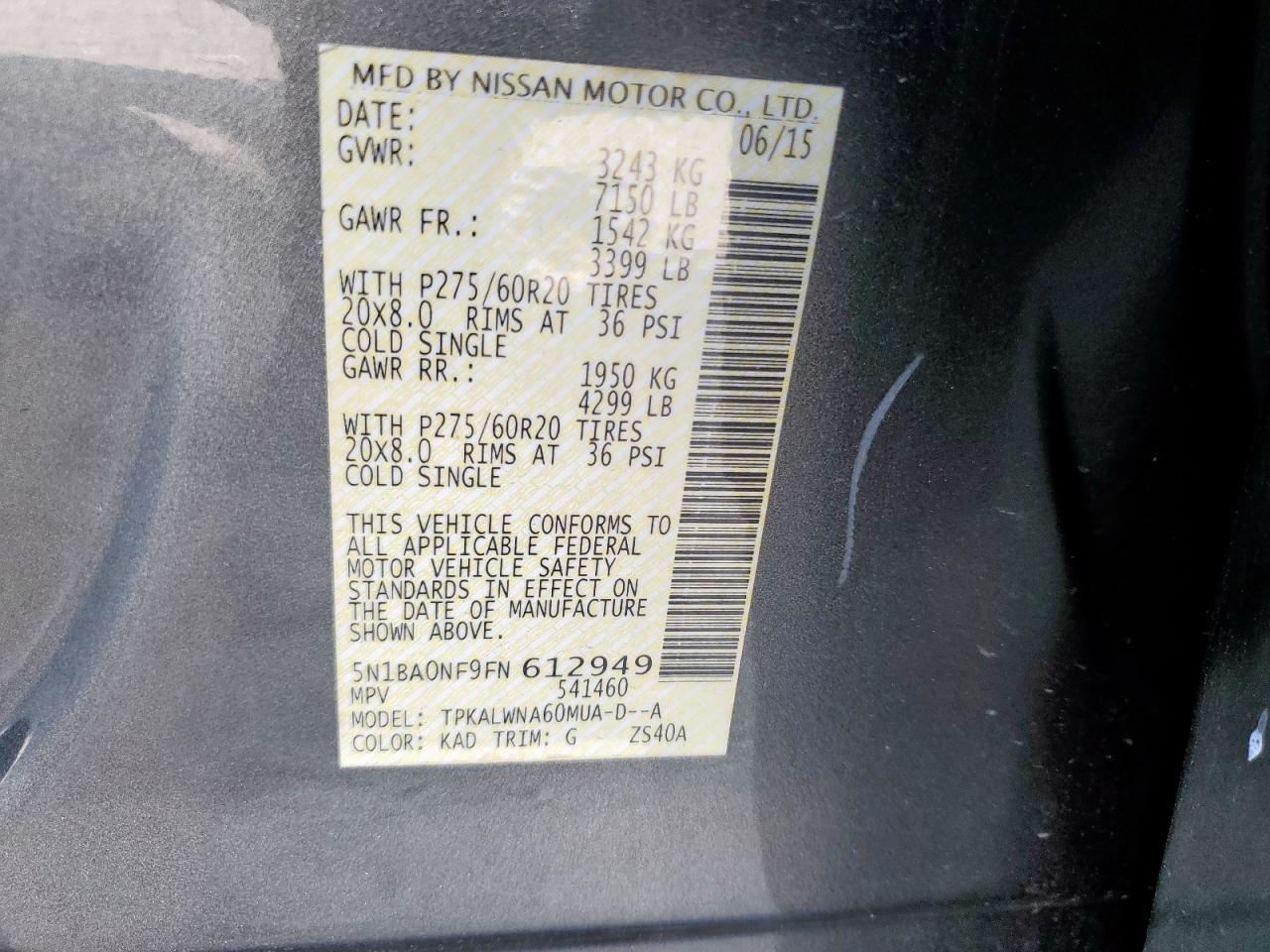 2015 Nissan Armada Platinum VIN: 5N1BA0NF9FN612949 Lot: 80178025