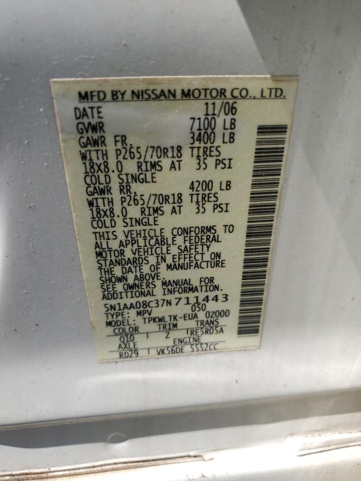 2007 Nissan Armada Se VIN: 5N1AA08C37N711443 Lot: 80908515