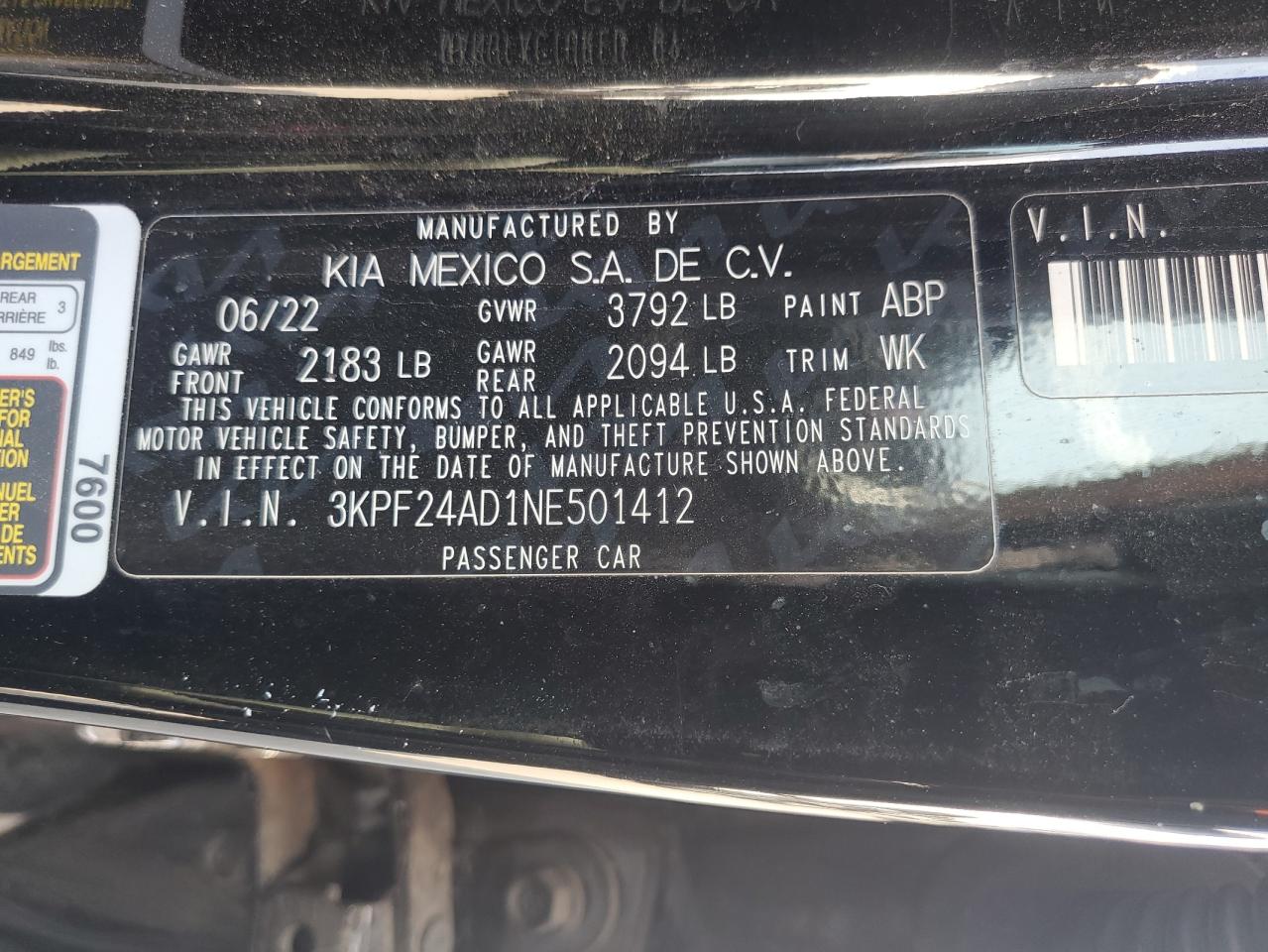 2022 Kia Forte Fe VIN: 3KPF24AD1NE501412 Lot: 71593785