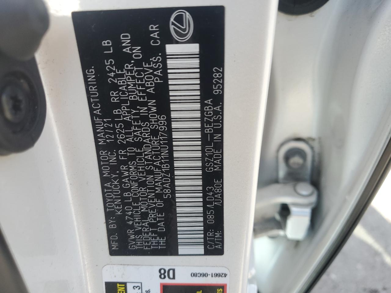 2022 Lexus Es 350 Base VIN: 58ADZ1B11NU117996 Lot: 83841345