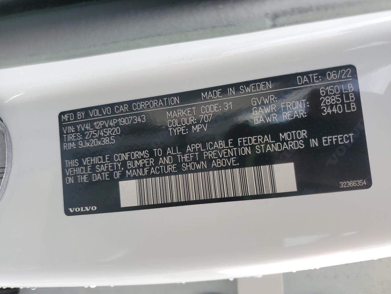 2023 Volvo Xc90 Core VIN: YV4L12PV4P1907343 Lot: 80551835