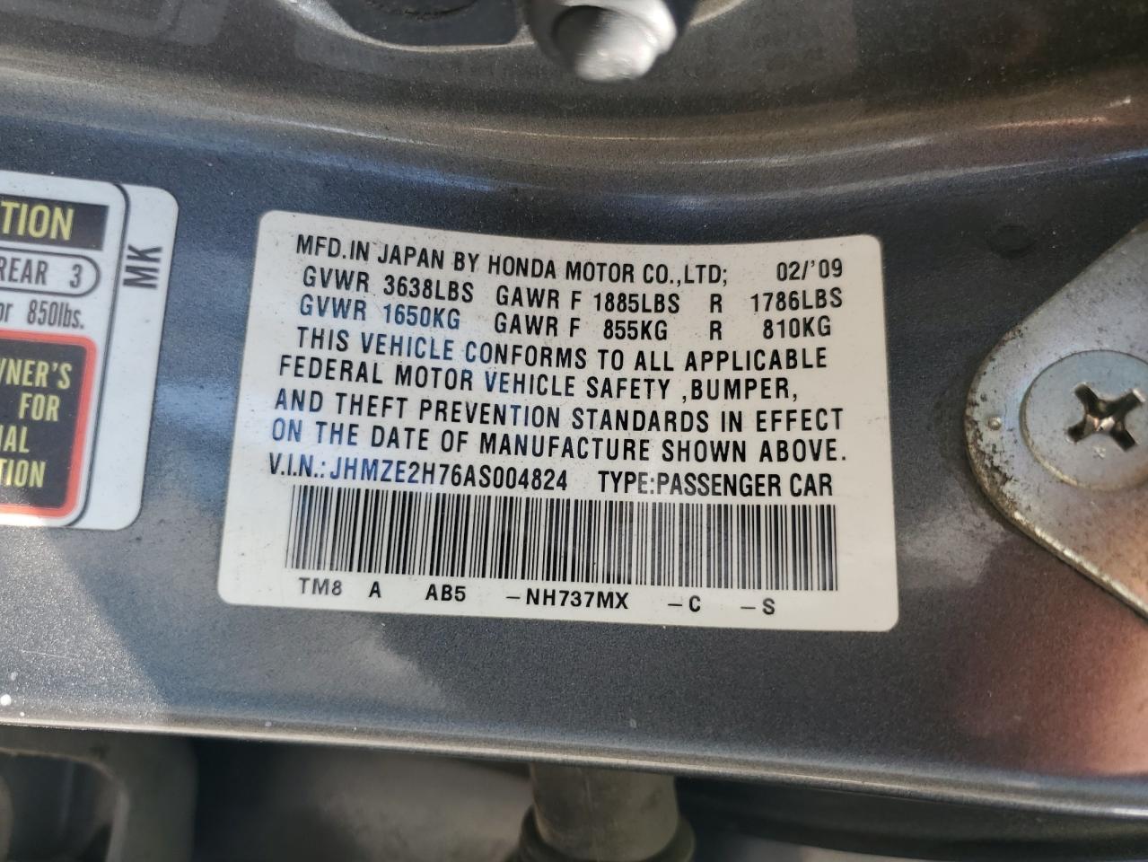 2010 Honda Insight Ex VIN: JHMZE2H76AS004824 Lot: 84629515