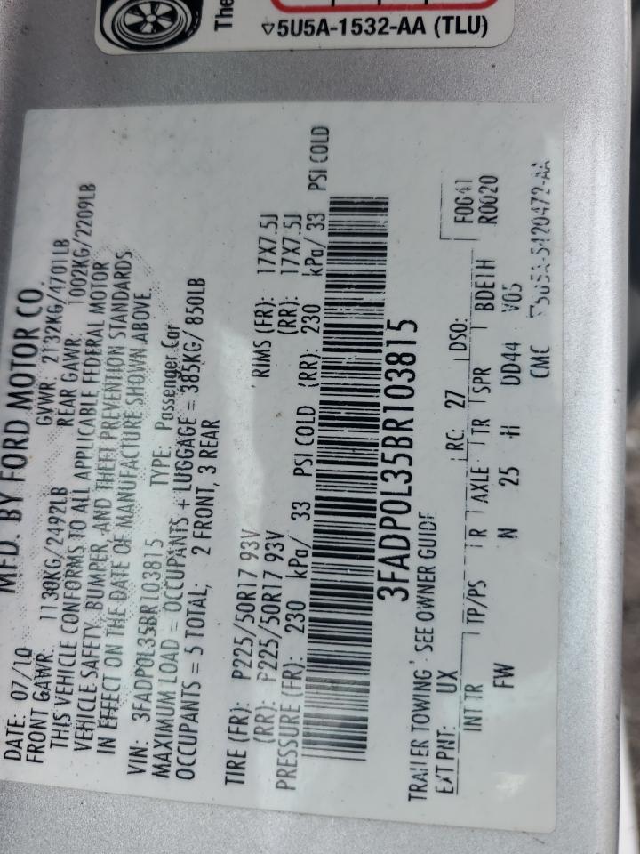 2011 Ford Fusion Hybrid VIN: 3FADP0L35BR103815 Lot: 82165855