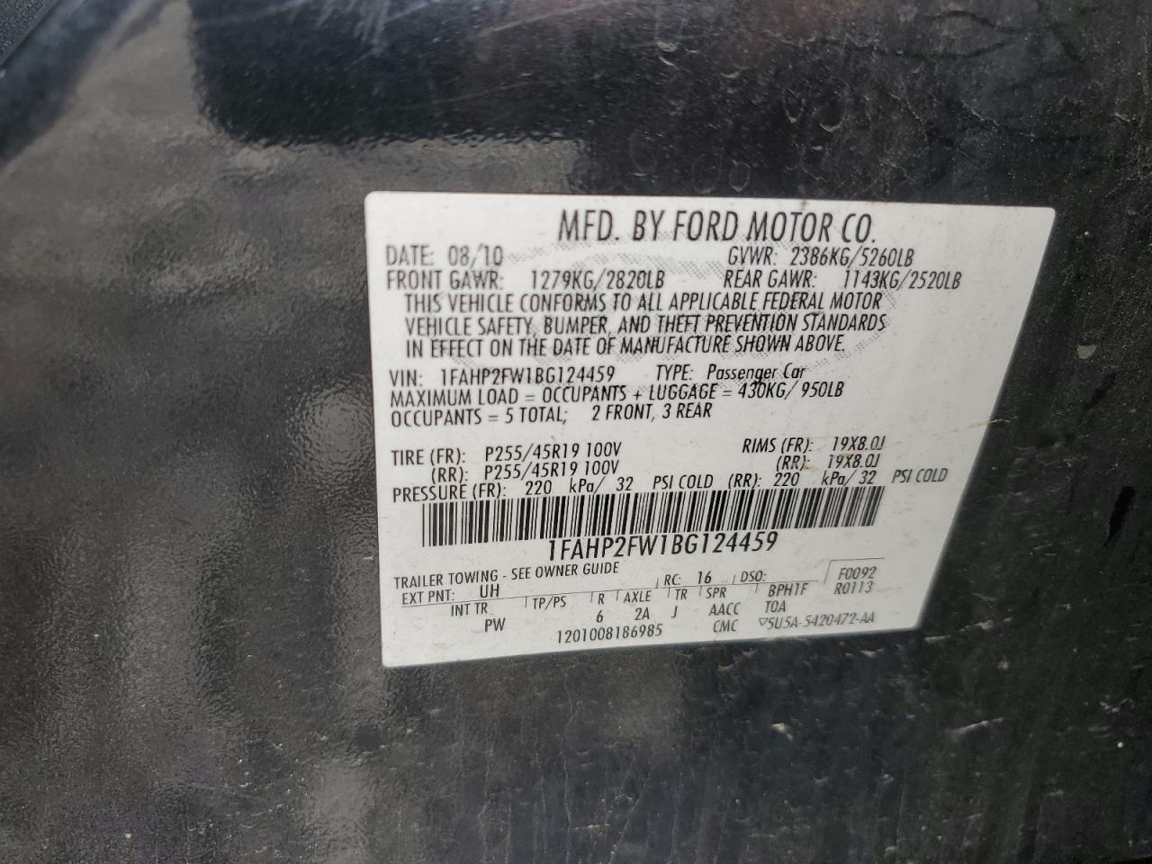 2011 Ford Taurus Limited VIN: 1FAHP2FW1BG124459 Lot: 81485465