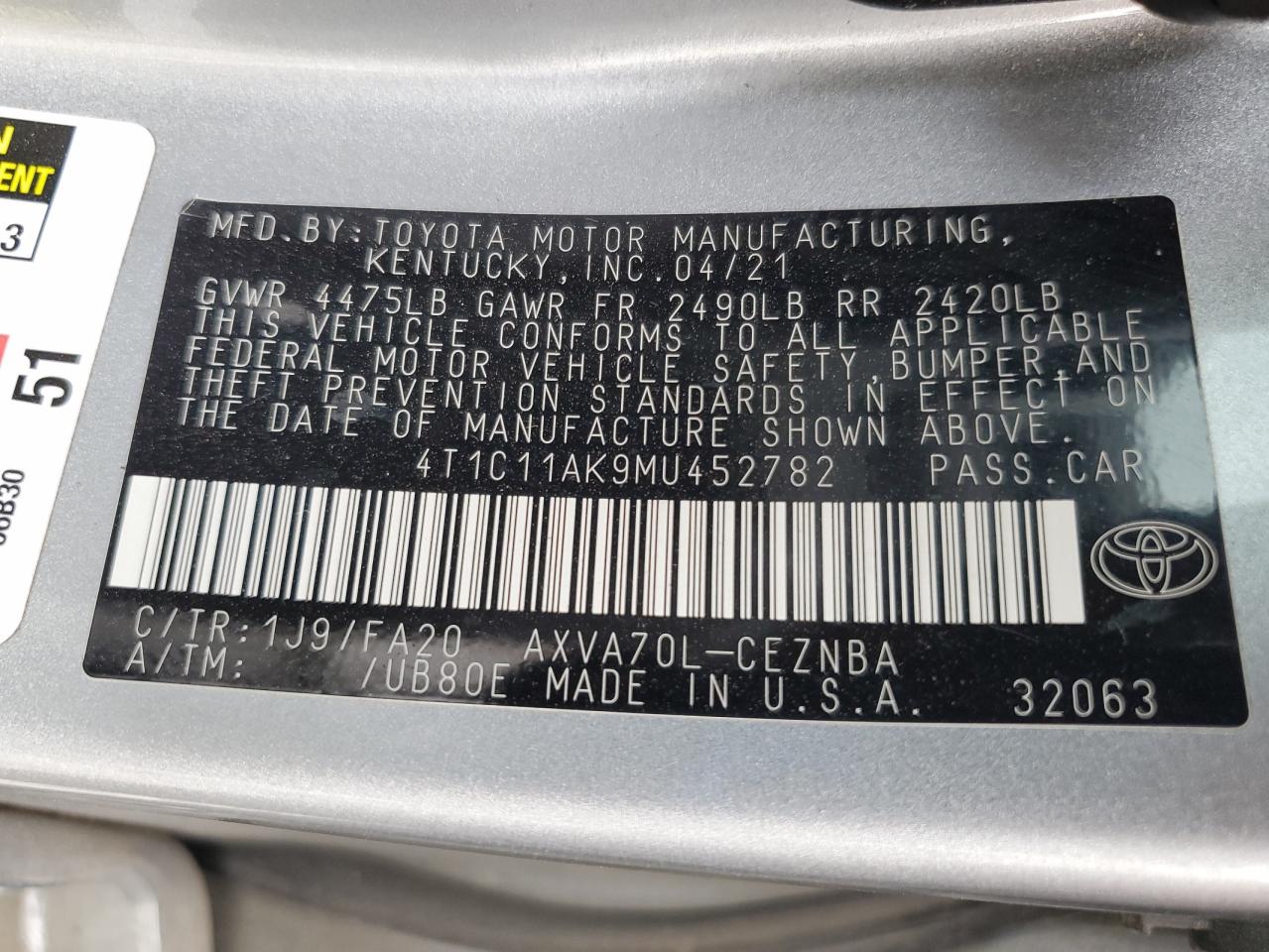 2021 Toyota Camry Le VIN: 4T1C11AK9MU452782 Lot: 81333025