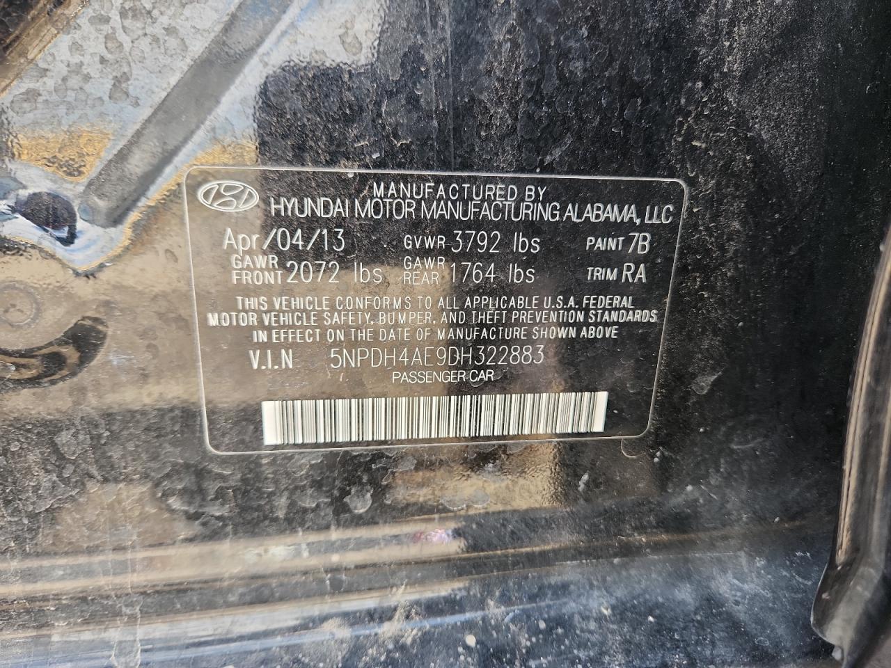 2013 Hyundai Elantra Gls VIN: 5NPDH4AE9DH322883 Lot: 80843275