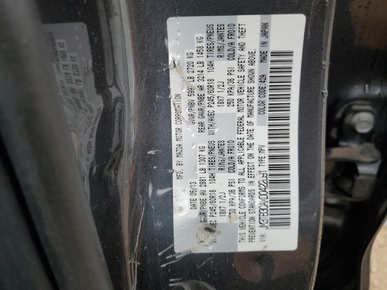 2013 Mazda Cx-9 Touring VIN: JM3TB3CAXD0422691 Lot: 71016895