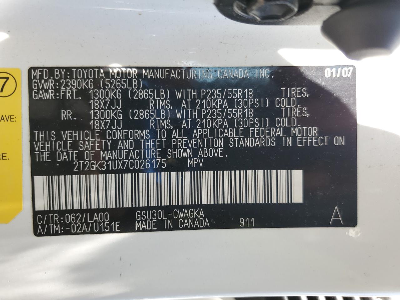 2007 Lexus Rx 350 VIN: 2T2GK31UX7C026175 Lot: 71476895