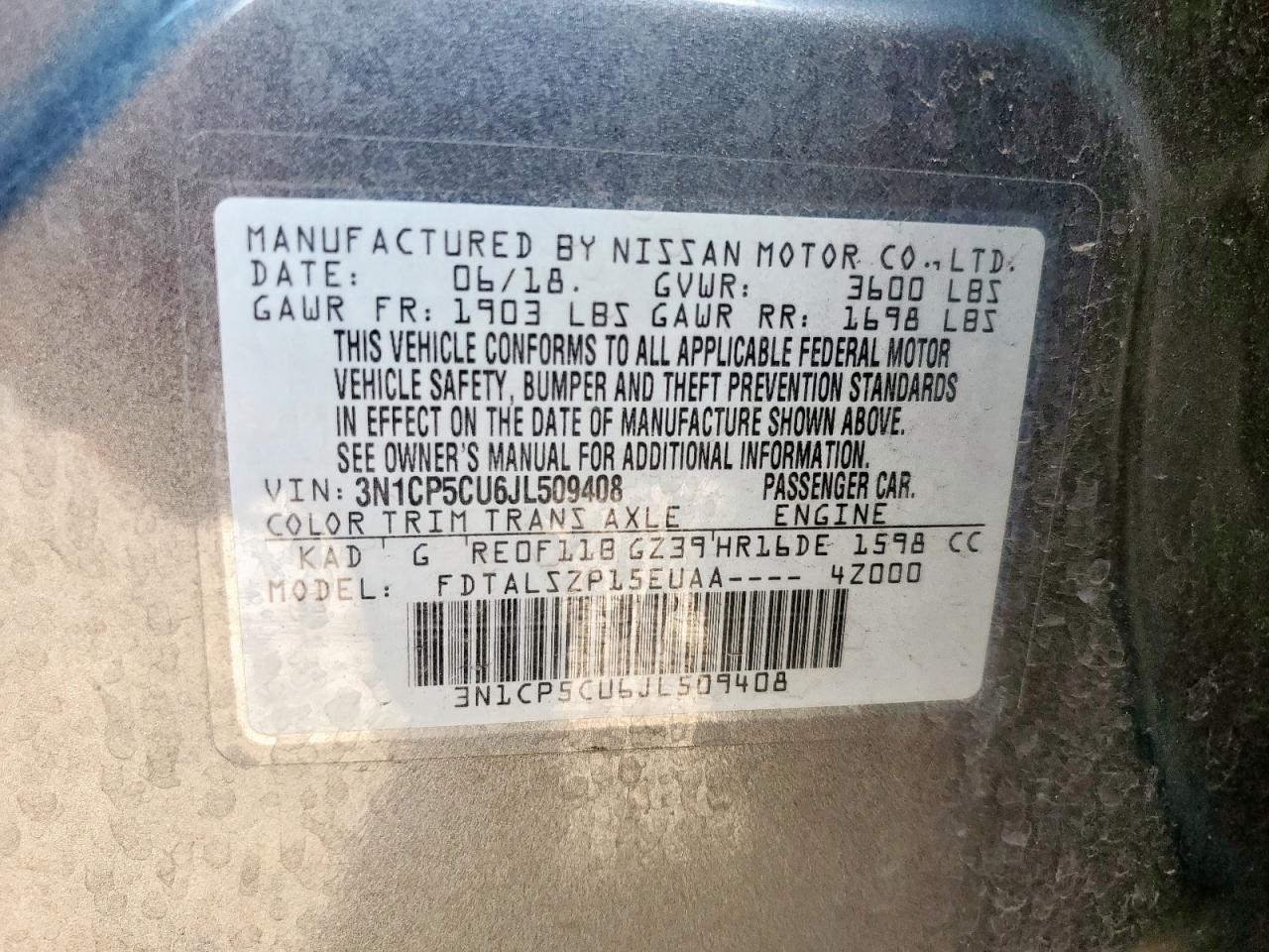 2018 Nissan Kicks S VIN: 3N1CP5CU6JL509408 Lot: 81933655