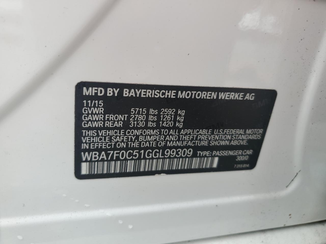 2016 BMW 750 I VIN: WBA7F0C51GGL99309 Lot: 81058635