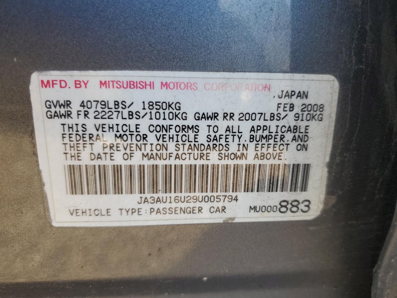 2009 Mitsubishi Lancer De VIN: JA3AU16U29U005794 Lot: 81719305