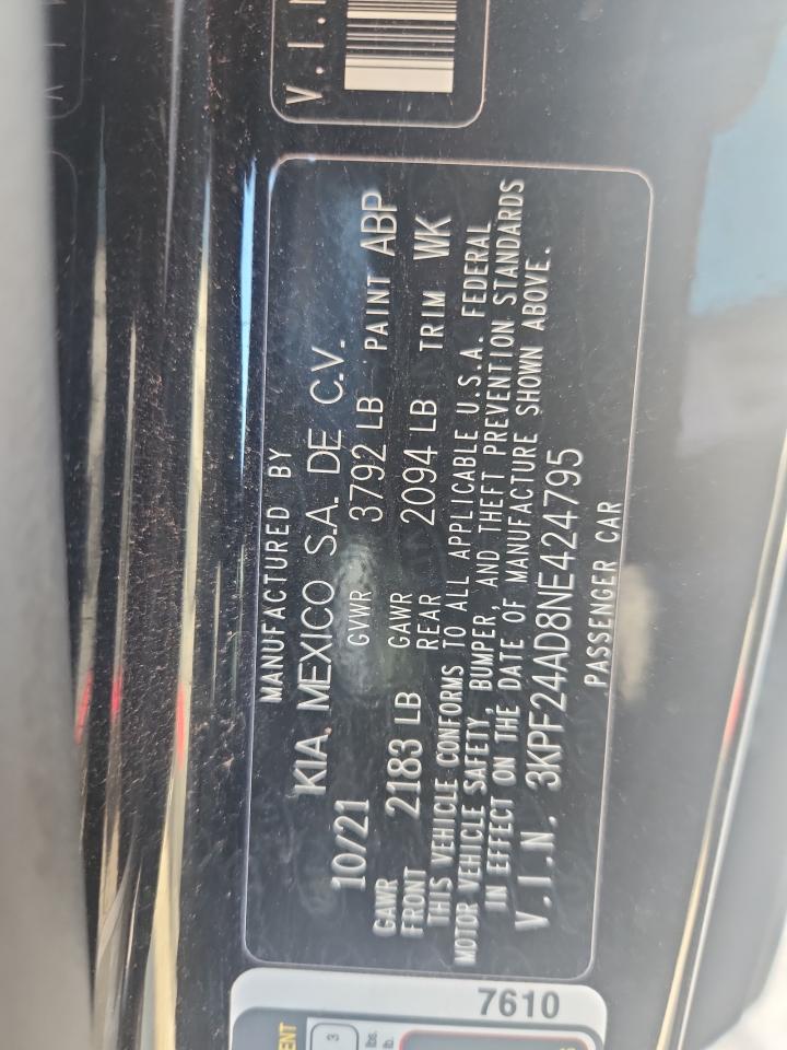 2022 Kia Forte Fe VIN: 3KPF24AD8NE424795 Lot: 92511975