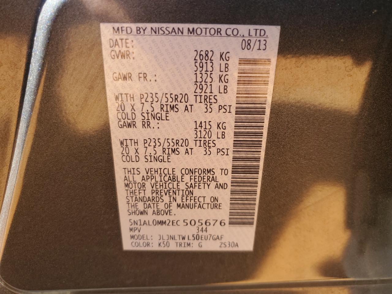 2014 Infiniti Qx60 VIN: 5N1AL0MM2EC505676 Lot: 71971405