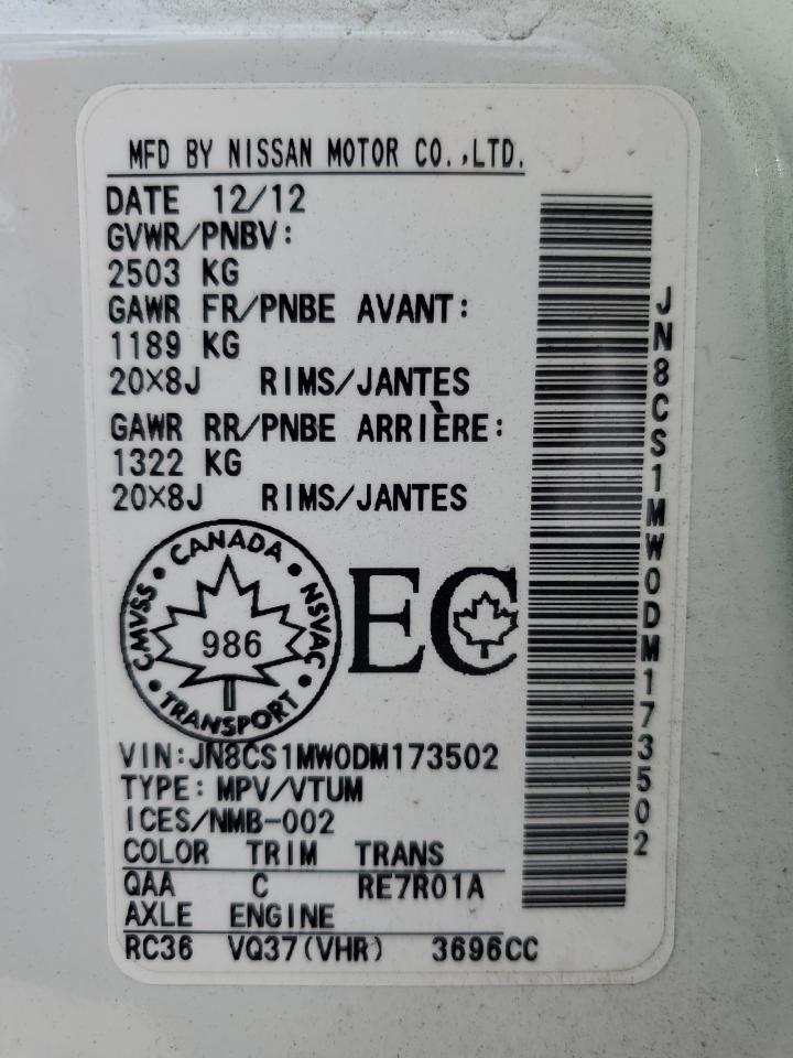 2013 Infiniti Fx37 VIN: JN8CS1MW0DM173502 Lot: 81672735