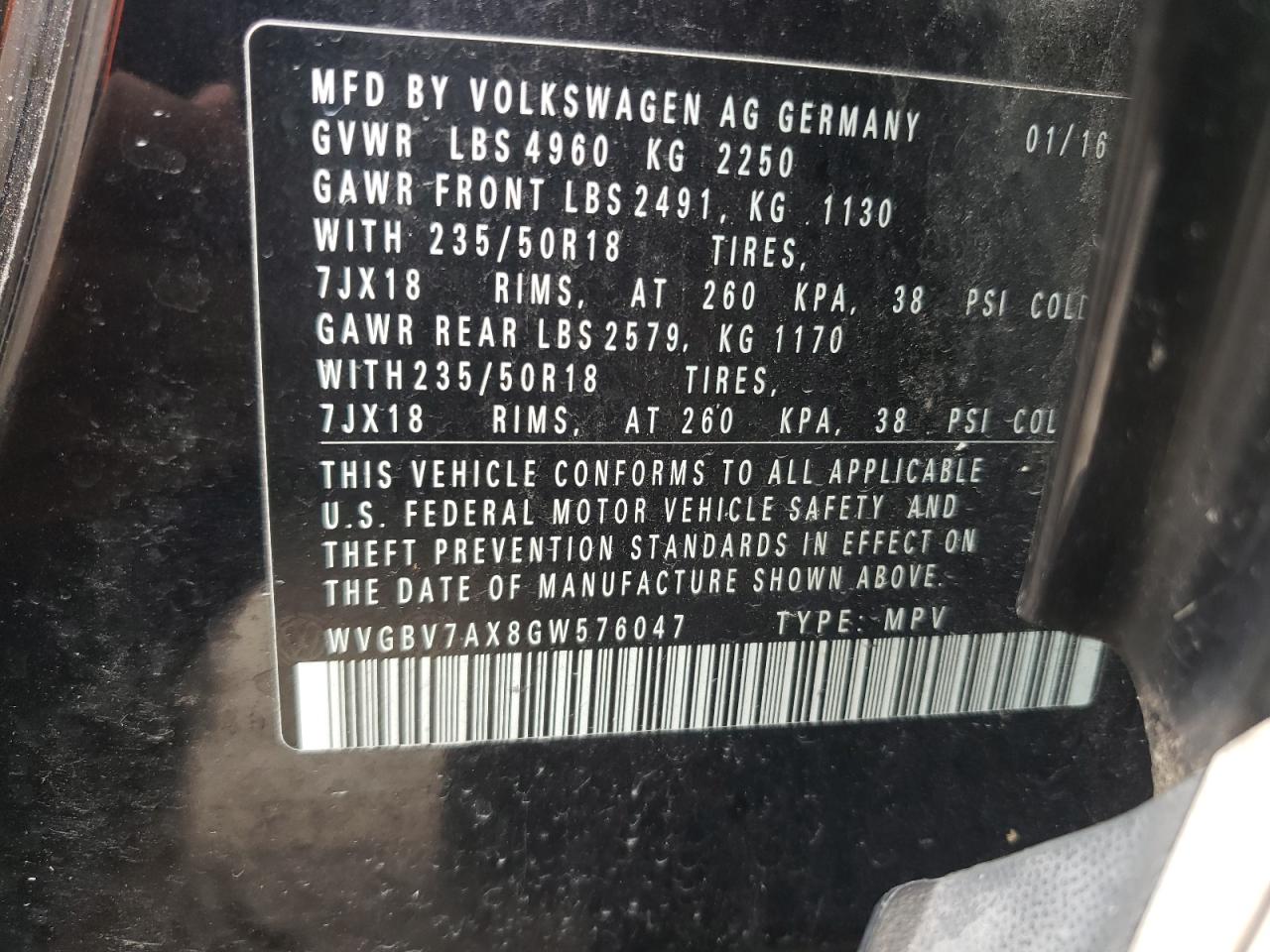 2016 Volkswagen Tiguan S VIN: WVGBV7AX8GW576047 Lot: 70985085