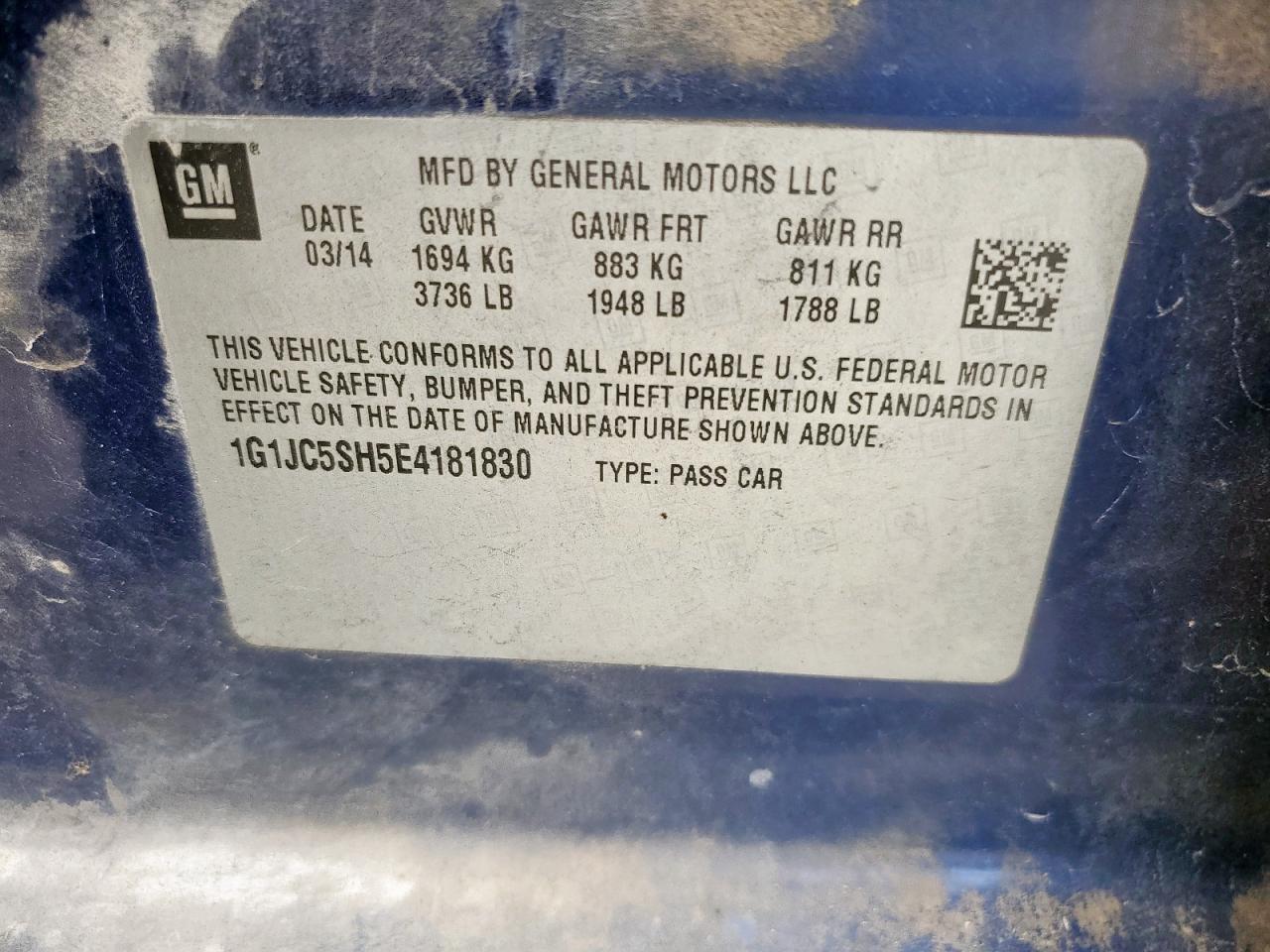 2014 Chevrolet Sonic Lt VIN: 1G1JC5SH5E4181830 Lot: 84055975