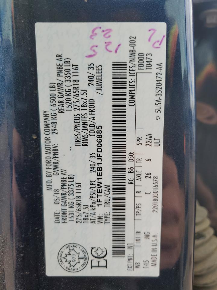 2018 Ford F150 Supercrew VIN: 1FTEW1EB1JFD06885 Lot: 82065285