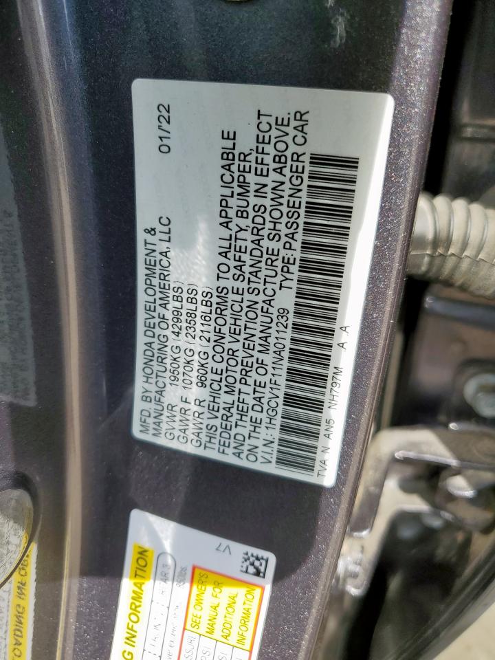 2022 Honda Accord Lx VIN: 1HGCV1F11NA011239 Lot: 82107485