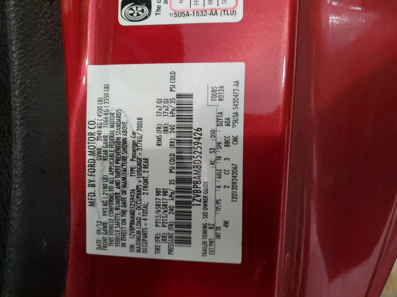 2013 Ford Mustang VIN: 1ZVBP8AM8D5259426 Lot: 81711675