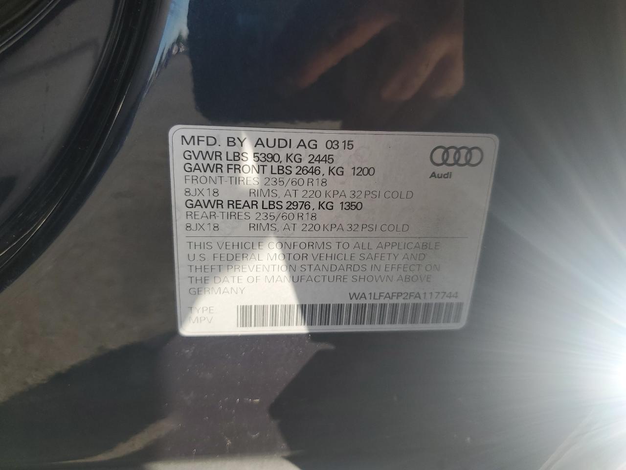 2015 Audi Q5 Premium Plus VIN: WA1LFAFP2FA117744 Lot: 84380625