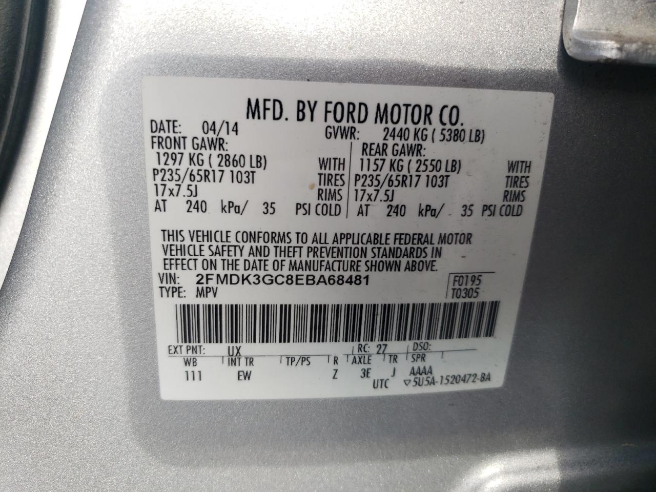 2014 Ford Edge Se VIN: 2FMDK3GC8EBA68481 Lot: 81862905