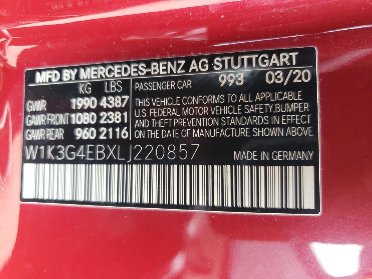 2020 Mercedes-Benz A 220 VIN: W1K3G4EBXLJ220857 Lot: 84220285