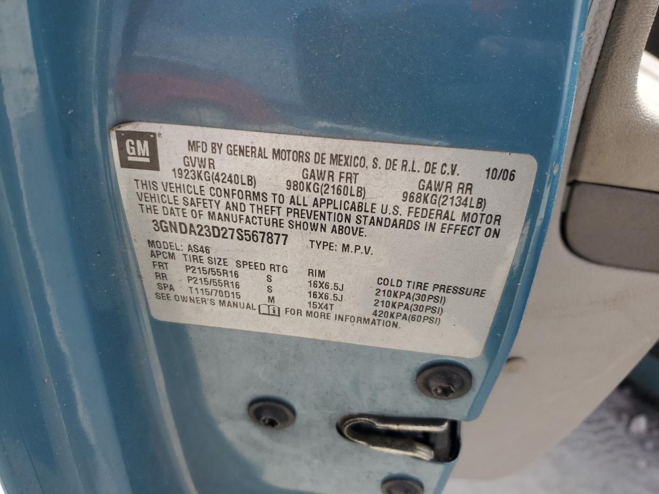 2007 Chevrolet Hhr Lt VIN: 3GNDA23D27S567877 Lot: 70750455