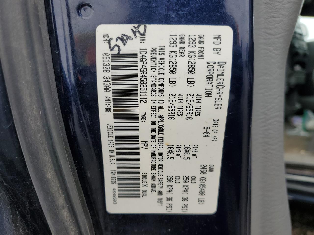 2005 Dodge Caravan Sxt VIN: 1D4GP45R45B251112 Lot: 80945735