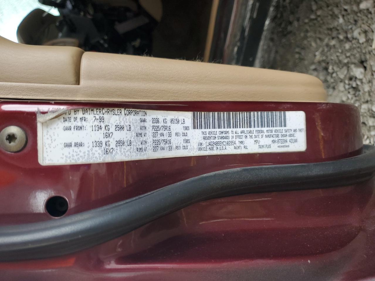 2000 Jeep Grand Cherokee Laredo VIN: 1J4G248S5YC102954 Lot: 81805825