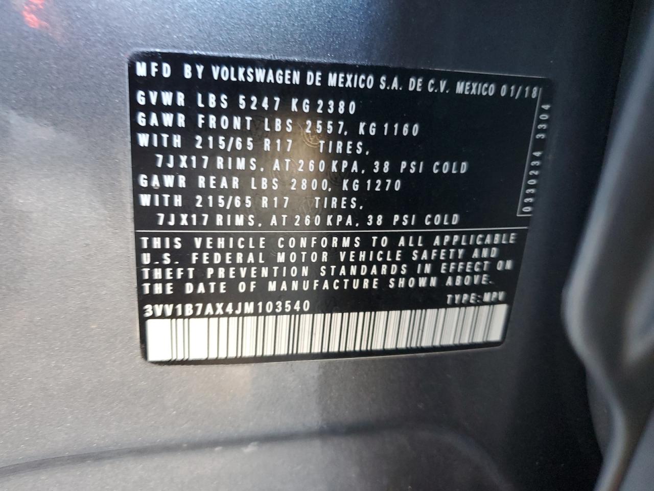 2018 Volkswagen Tiguan S VIN: 3VV1B7AX4JM103540 Lot: 81725605