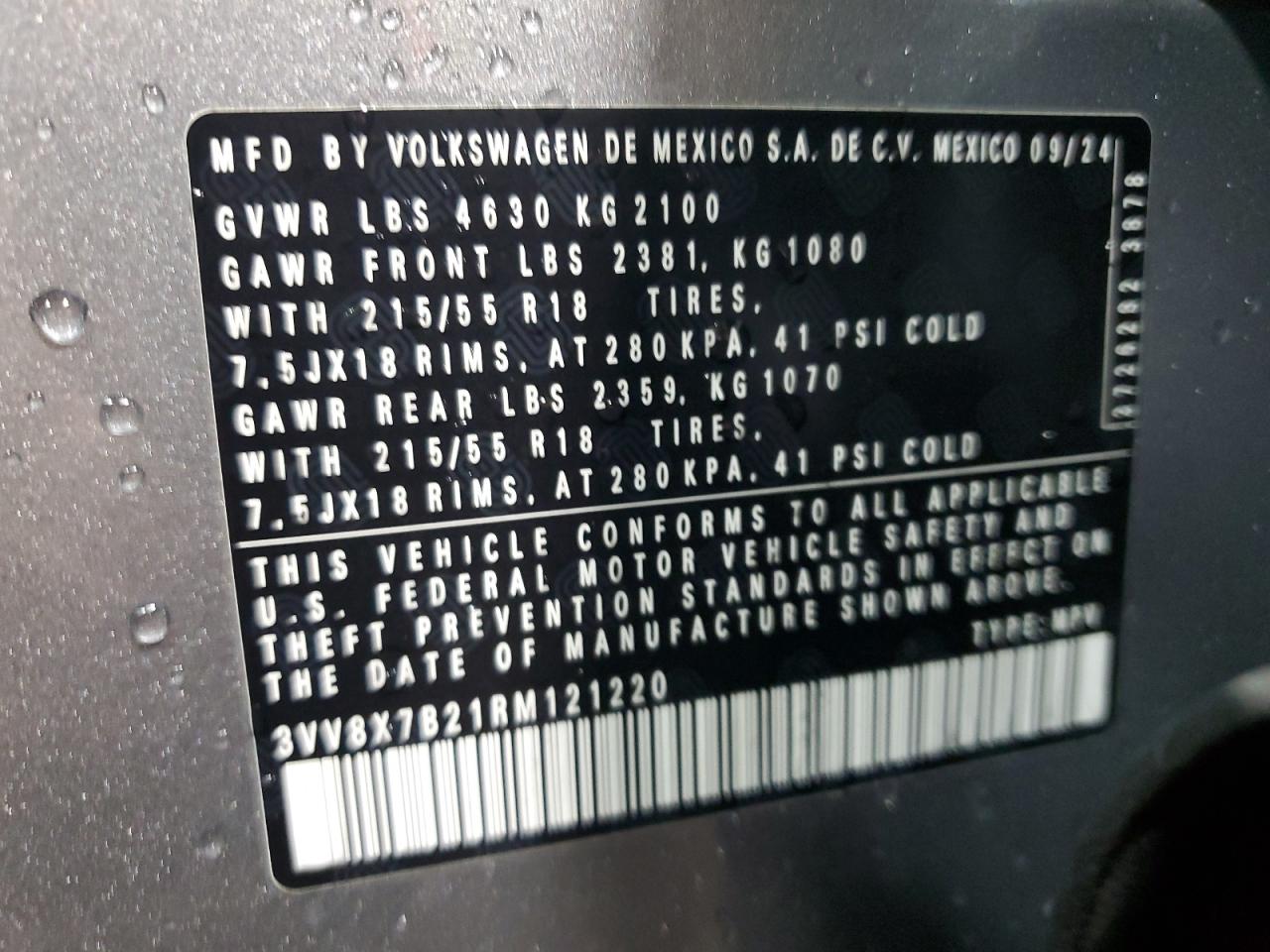 2024 Volkswagen Taos S VIN: 3VV8X7B21RM121220 Lot: 80862005