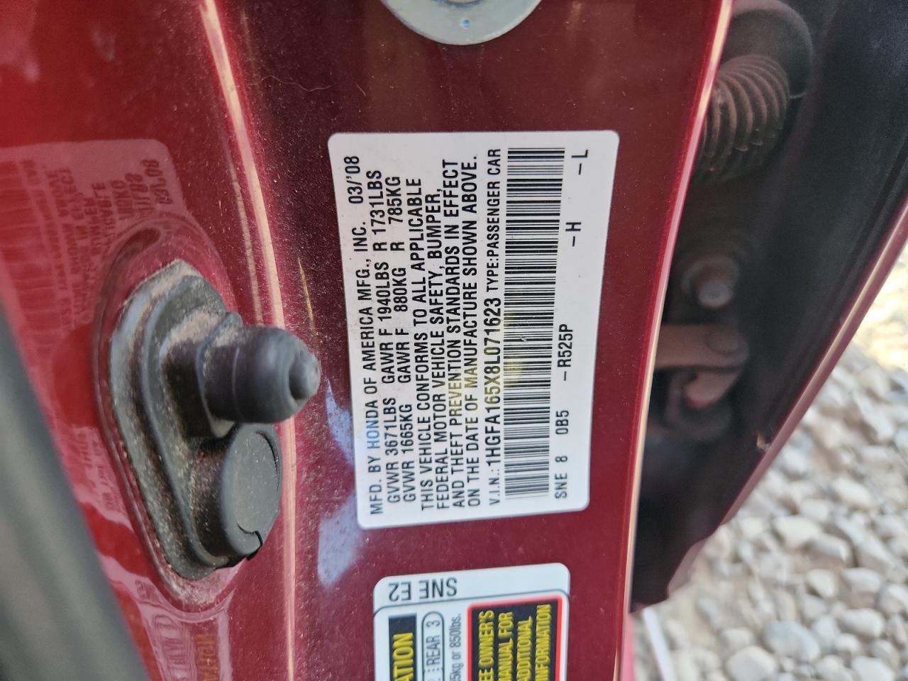2008 Honda Civic Lx VIN: 1HGFA165X8L071623 Lot: 84605525