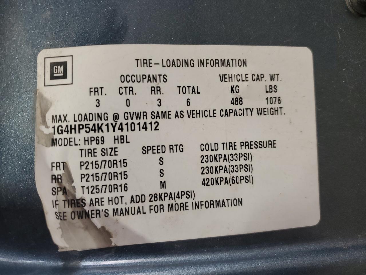 2000 Buick Lesabre Custom VIN: 1G4HP54K1Y4101412 Lot: 82082965