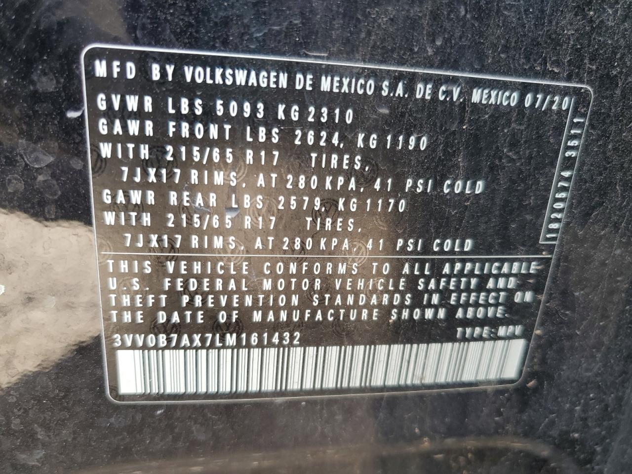 2020 Volkswagen Tiguan S VIN: 3VV0B7AX7LM161432 Lot: 71025645