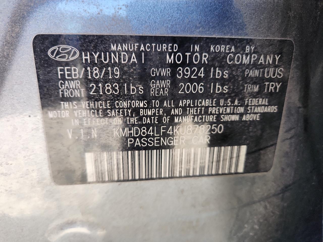 2019 Hyundai Elantra Sel VIN: KMHD84LF4KU878250 Lot: 80951605