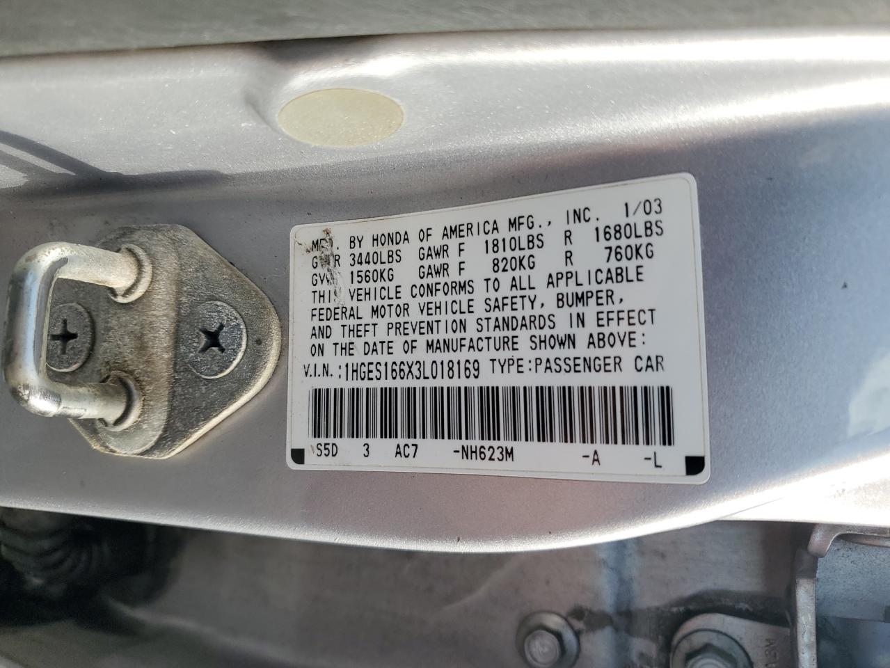 2003 Honda Civic Lx VIN: 1HGES166X3L018169 Lot: 84024415