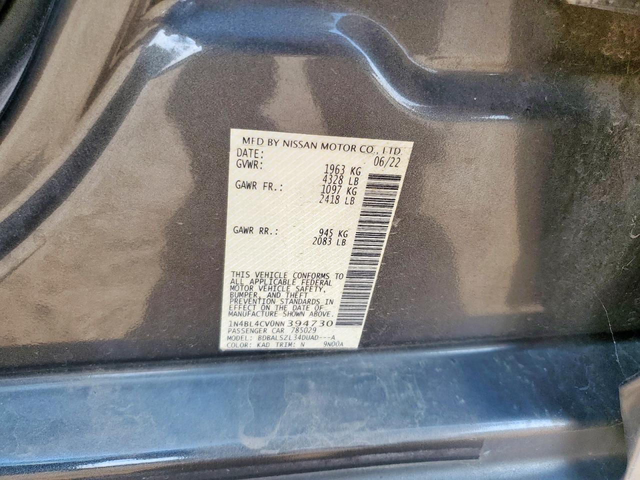 2022 Nissan Altima Sr VIN: 1N4BL4CV0NN394730 Lot: 81460585