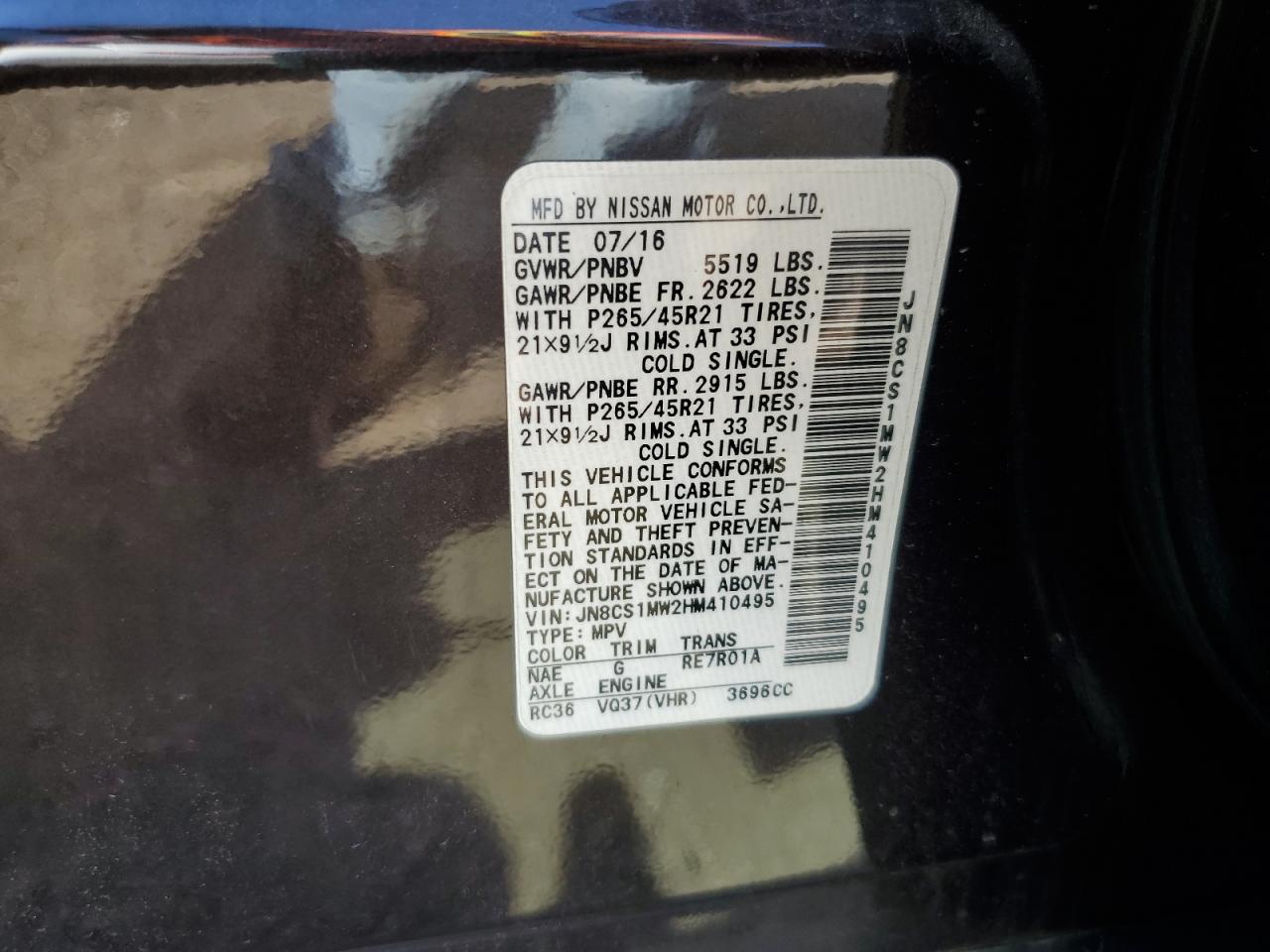 2017 Infiniti Qx70 VIN: JN8CS1MW2HM410495 Lot: 81294505